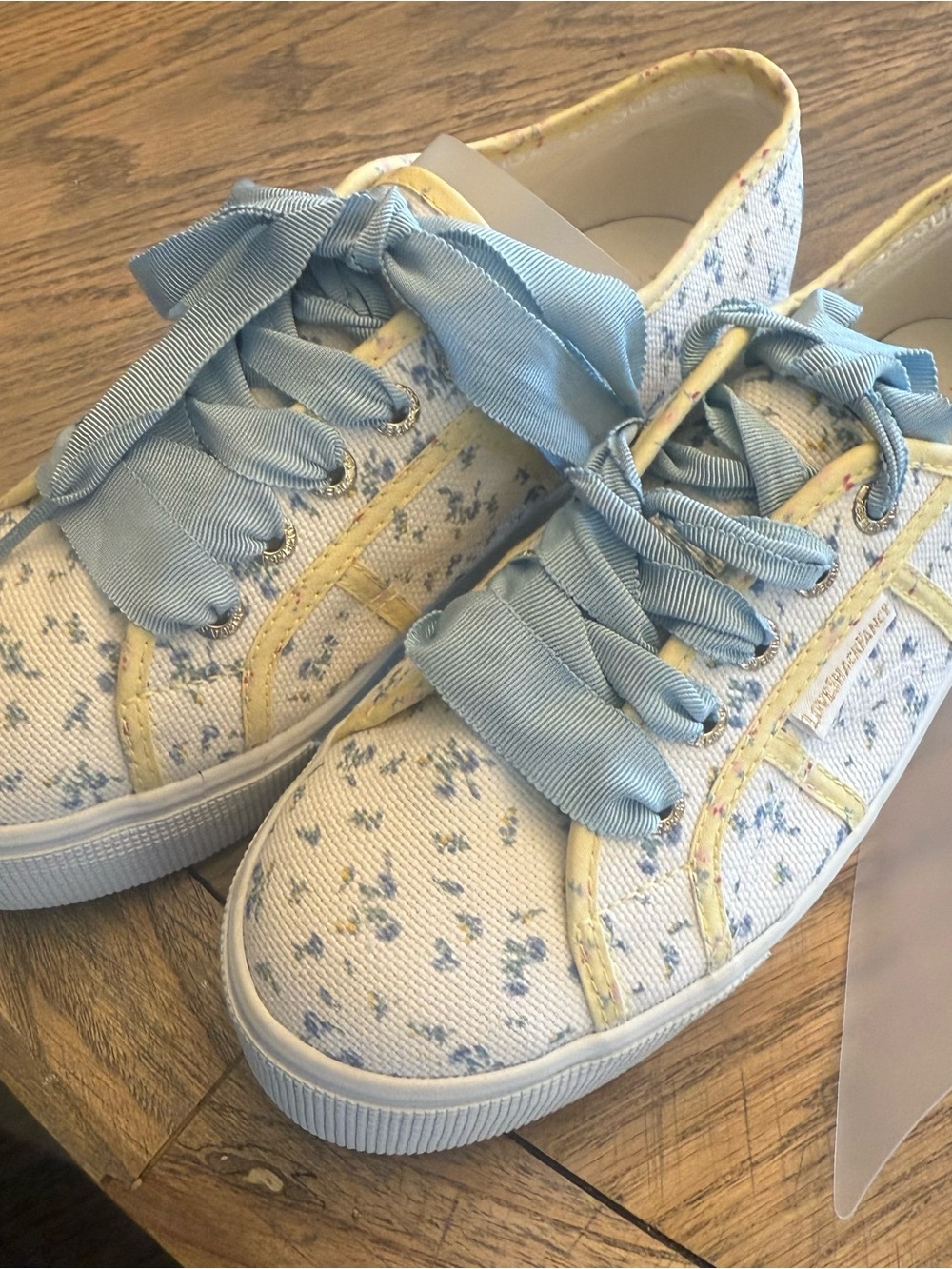 LoveShackFancy Cream Floral Sneakers with Light Blue Ribbons